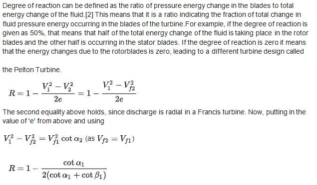 Degree of reaction of francis turbine